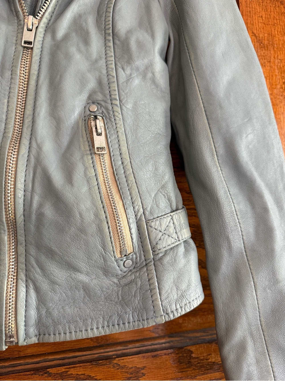 MAURITIUS 100% Lamb Leather Zip Up Moto Jacket Fitted Chic Light Blue Grey US 6 - Picture 3 of 13